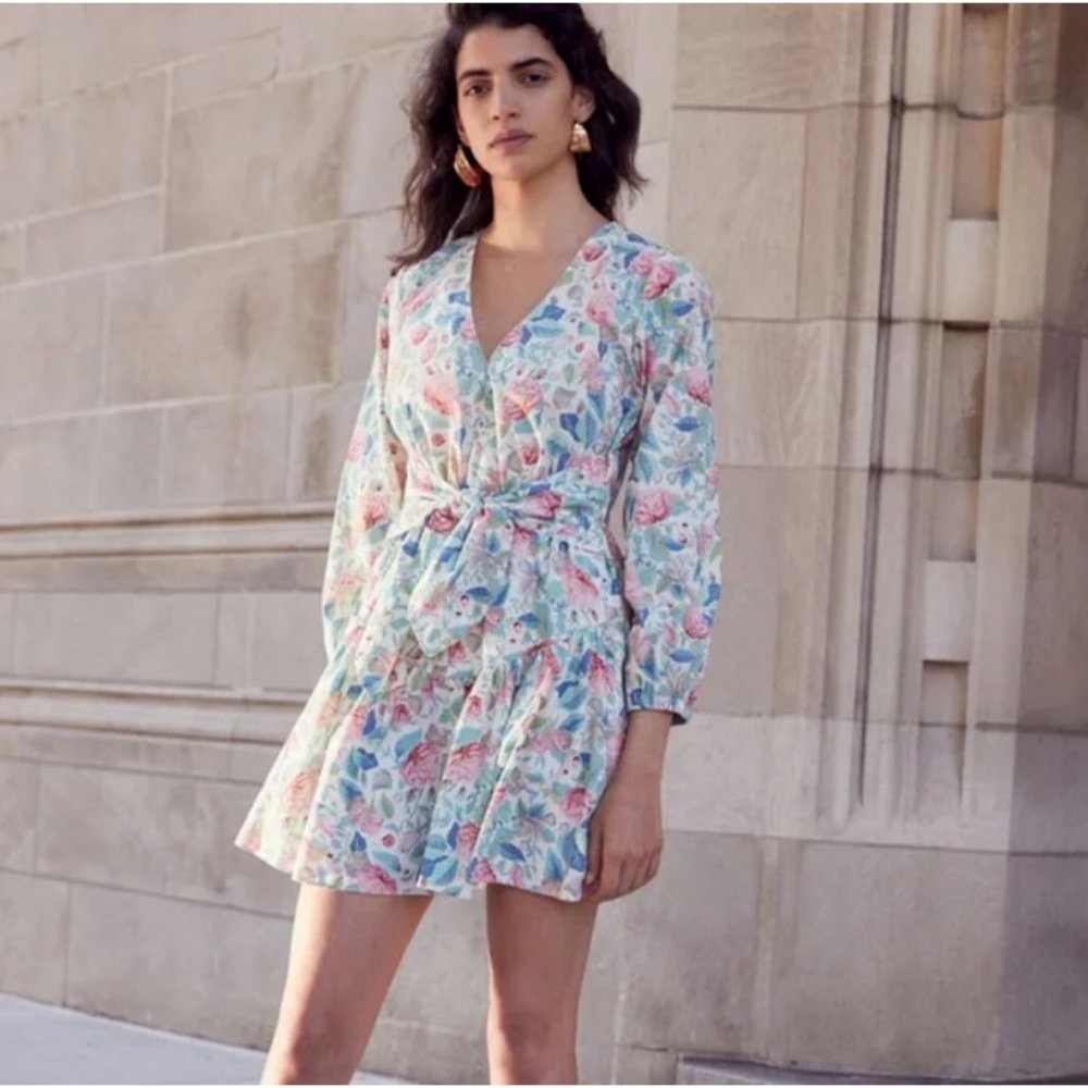 La Vie Rebecca Taylor PAINTED GARDEN Floral Cotton Ruffled Dress Size XL